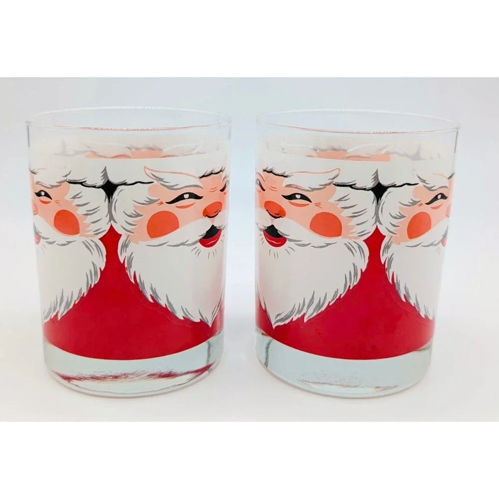 Vintage MCM Georges Briard Santa Claus Face Low Ball Glasses Set of 2 